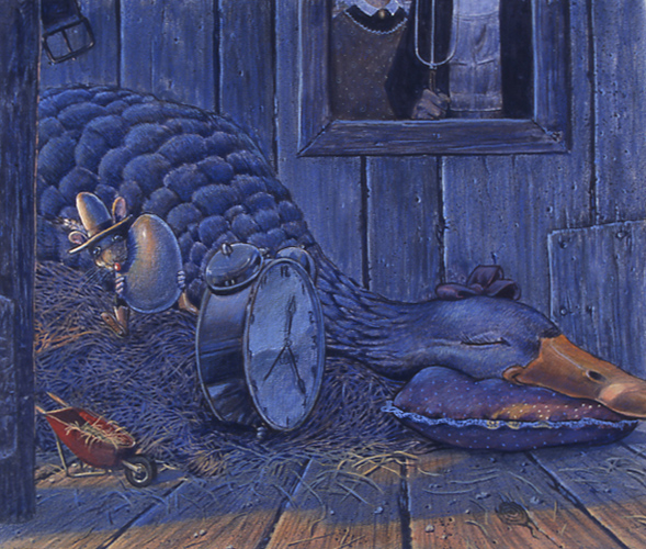 Art:  Goose sleeping while packrat steals an egg watercolor painting